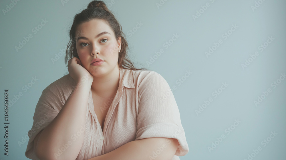 Fototapeta premium Thoughtful plus-size woman sitting indoors, resting her head on hand, contemplating in natural light