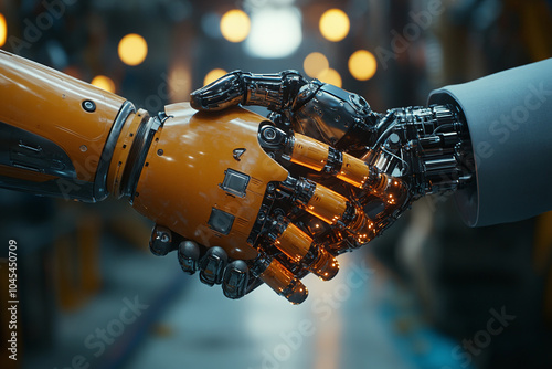 Handshake Between Robots Robo hand shaking technological background, signifies collaboration and progress in tech innovation and machine learning integration. photo