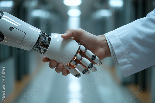 Handshake between human and robot, symbol of collaboration  - Concept about tech innovation, machine learning progress and partnership with future Artificial Intelligence. photo