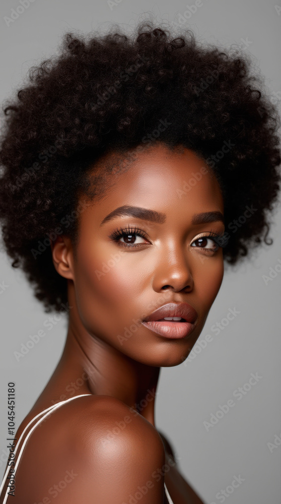 Elegant Black Female Model in High-Fashion Glamour Photography – Natural Beauty with Melanin Glow on Neutral Background Elegant Black Female Model in High-Fashion Glamour Photography – Natural Beauty with Melanin Glow on Neutral Background