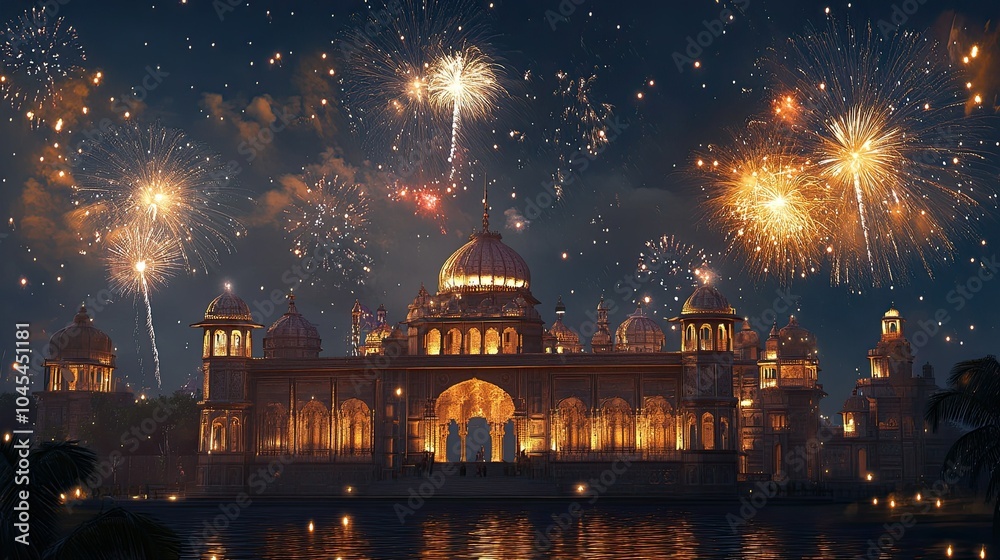 Fototapeta premium Fireworks display over a South Asian palace, no people, with copy space for celebration messages