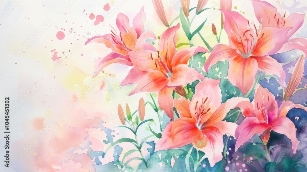 Obraz premium A watercolor painting of delicate pink lilies on a white background