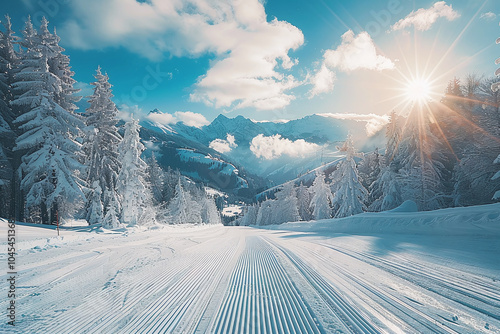 Alps mountain peaks and clean empty ski trails. Perfectly groomed empty ski piste. photo