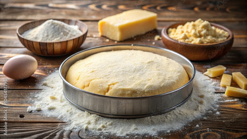 A golden dough sits in a circular metal pan, dusted with a light dusting of flour, surrounded by ingredients like a block of yellow cheese, egg, and flour, all laid out on a wooden surface. A golden dough sits in a circular metal pan, dusted with a light dusting of flour, surrounded by ingredients like a block of yellow cheese, egg, and flour, all laid out on a wooden surface.