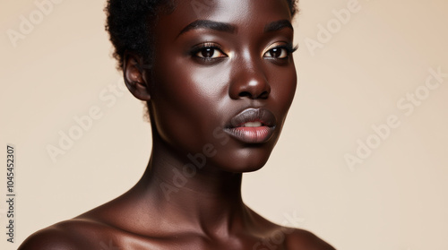 Elegant Black Female Model in High-Fashion Glamour Photography – Natural Beauty with Melanin Glow on Neutral Background