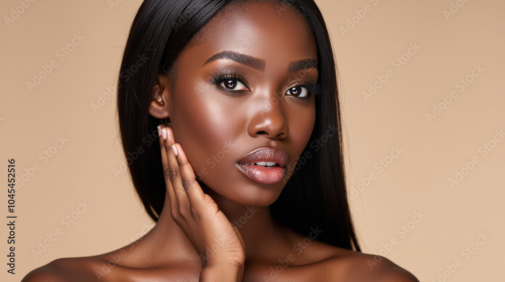 Elegant Black Female Model in High-Fashion Glamour Photography – Natural Beauty with Melanin Glow on Neutral Background Elegant Black Female Model in High-Fashion Glamour Photography – Natural Beauty with Melanin Glow on Neutral Background