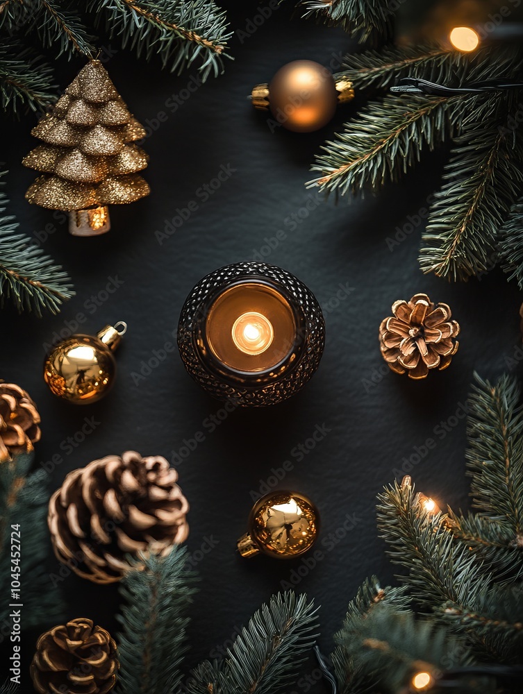 A golden candle surrounded by pinecones, golden baubles, and pine branches, set against a dark background