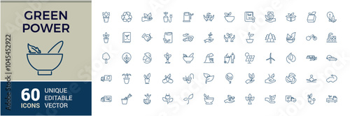 Ecology icon pack. Includes thin line green power, eco energy, wind power, green power, nature, power, energy, environmental and more. Simple web icons set. Editable vector icon and illustration.
