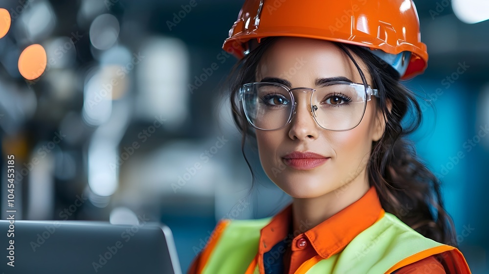 Woman Solar Engineer in Reflective Vest and Helmet Typing on Laptop While Monitoring Solar Panel Energy Output for Renewable Power