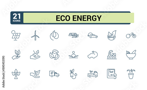 Ecology icon pack. Includes thin line green power, eco energy, wind power, green power, nature, power, energy, environmental and more. Simple web icons set. Editable vector icon and illustration.