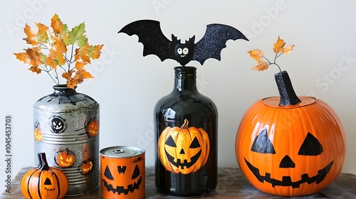 Charming DIY Halloween decorations made from repurposed items, such as tin cans and glass bottles, creatively painted and displayed.