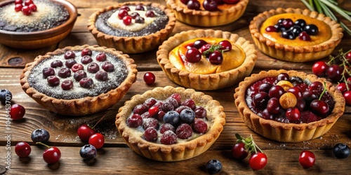 A tempting assortment of mini pies, each with a unique fruit filling, displayed on a rustic wooden surface.