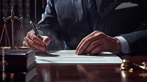 Close-up of a lawyer in a suit signing a legal document at a desk with scales of justice, symbolizing legal work and authority. photo