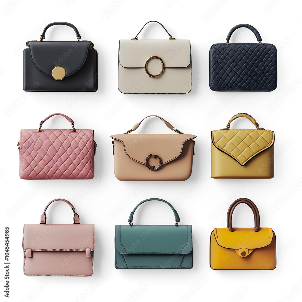 Elegant Handbag Collection in Black and Beige on a Transparent Background