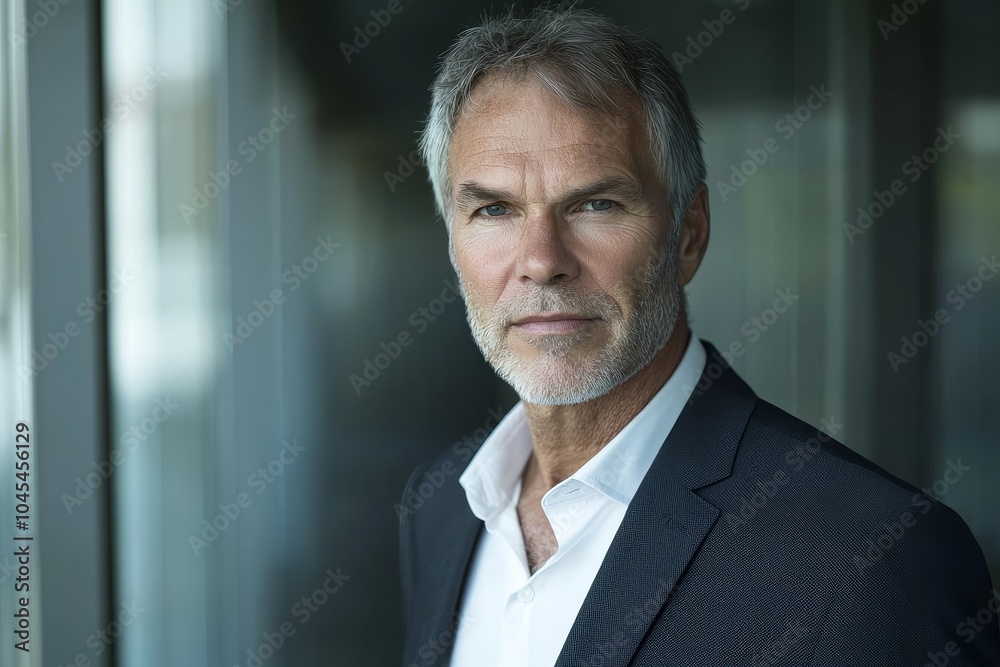 The portrait shows a confident businessman standing in the office, surrounded by the success of his corporation as the CEO and executive manager The portrait shows a confident businessman standing in the office, surrounded by the success of his corporation as the CEO and executive manager