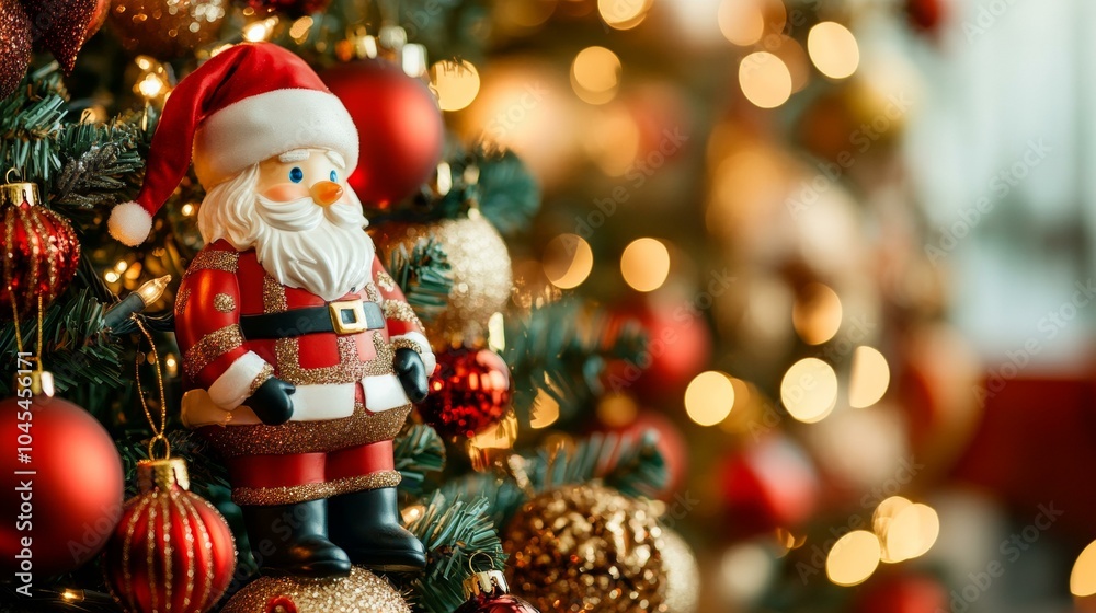 Santa Claus figure next to a Christmas tree Santa Claus figure next to a Christmas tree