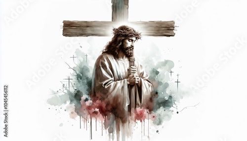 jesus with cross background in watercolor illustration