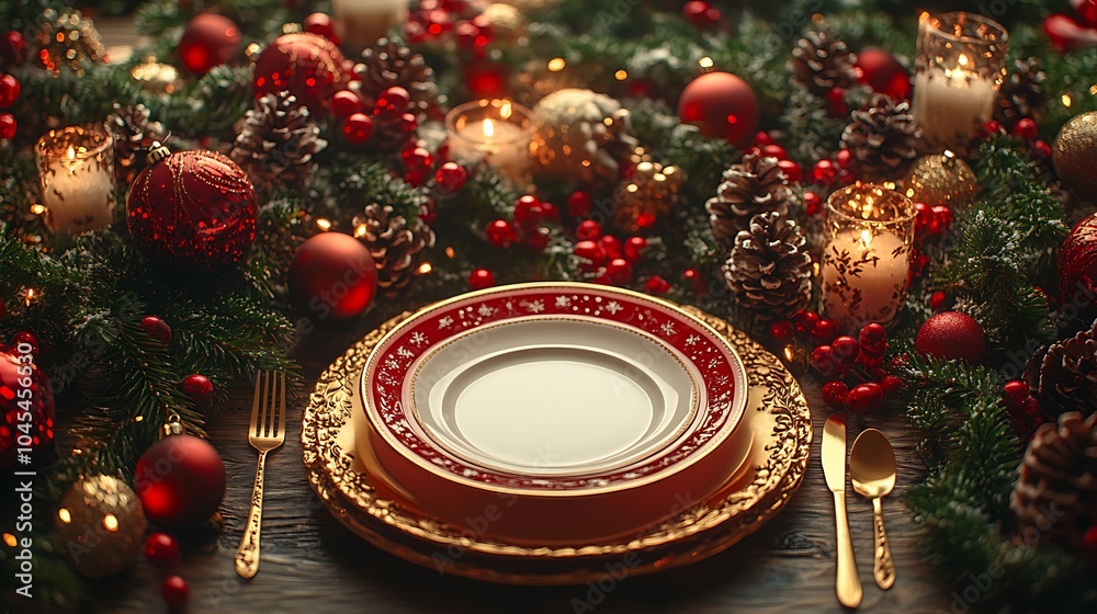 A festive Christmas table setting with a white plate, gold cutlery, and red and gold ornaments nestled in a garland of evergreen branches and pine cones. A festive Christmas table setting with a white plate, gold cutlery, and red and gold ornaments nestled in a garland of evergreen branches and pine cones.