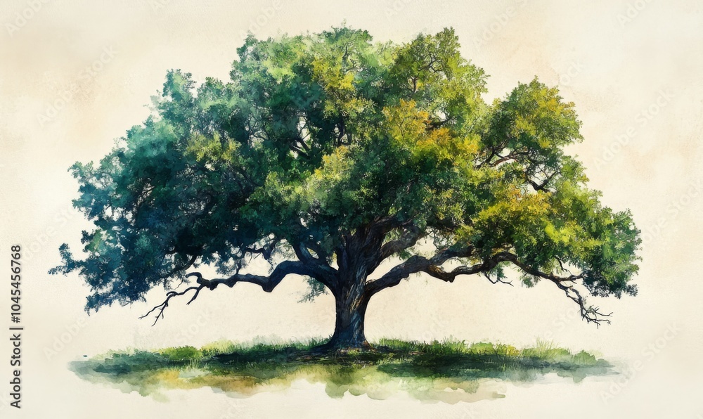 Fototapeta premium Watercolor oak tree with sprawling branches and deep green leaves, majestic and detailed, 3D illustration