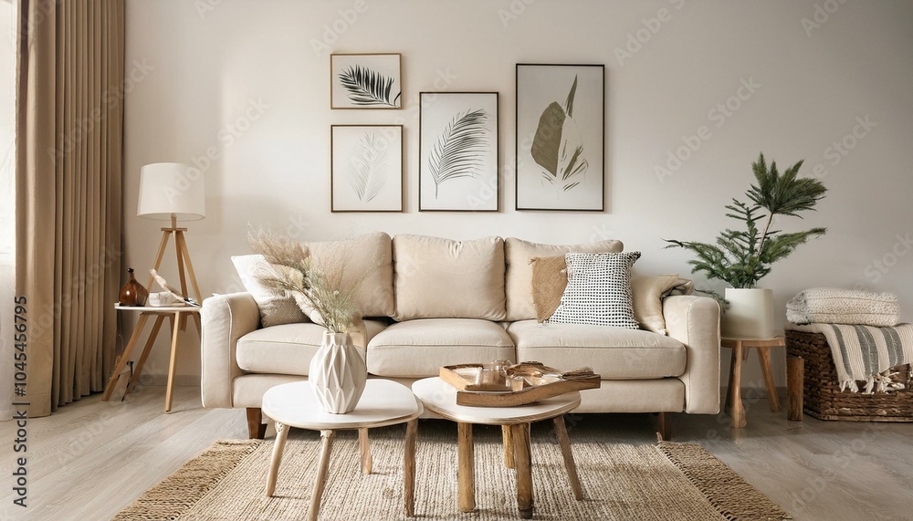 Minimalist interior design of living room with sofa and framed posters Minimalist interior design of living room with sofa and framed posters