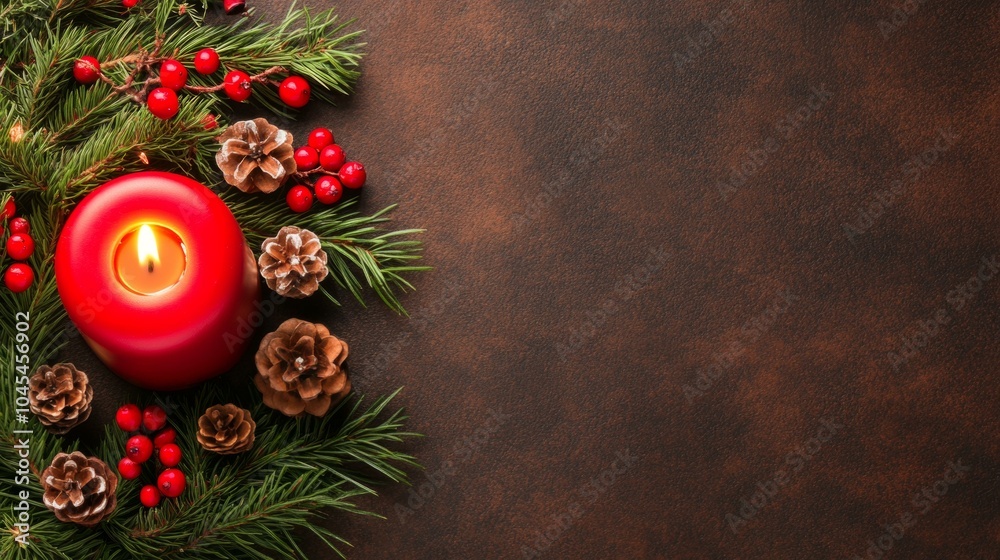 red candle with pine branches and cones red candle with pine branches and cones