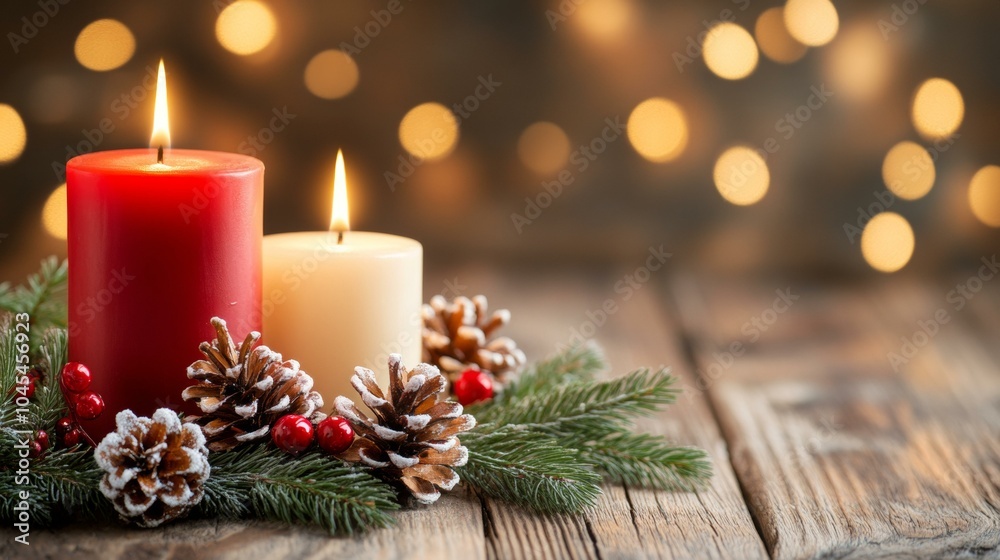 Festive candles and pine cones on rustic table Festive candles and pine cones on rustic table
