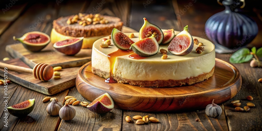 A delectable fig and cheesecake dessert on a wooden plate with a honey dipper and scattered nuts A delectable fig and cheesecake dessert on a wooden plate with a honey dipper and scattered nuts