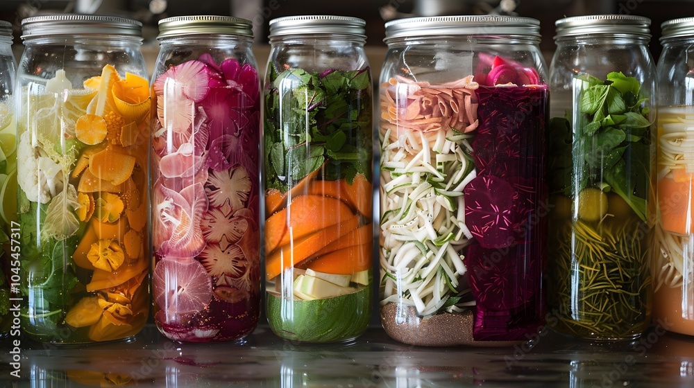 Six glass jars filled with various vegetables and herbs. Six glass jars filled with various vegetables and herbs.