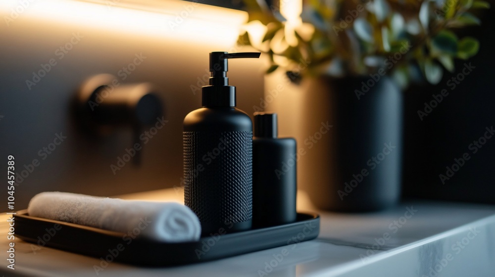 Black soap dispenser, lotion bottle, and white towel on a tray in a modern bathroom. Black soap dispenser, lotion bottle, and white towel on a tray in a modern bathroom.