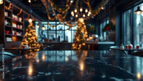 Empty marble table christmas party with a blurred background of coffee shop, christmas coffee shop, party table background, dark marble, party table background, Generated Ai