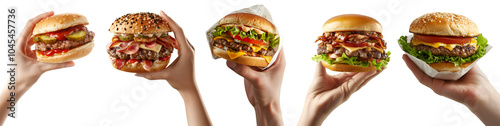 Collection of hand holding burger, cheeseburger, hamburger, fish fillet, meat, chicken, beef flavour on transparent cutout, PNG. Many different flavour and pose. Mockup template for design
