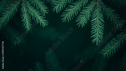 Evergreen fir tree branches on dark backdrop