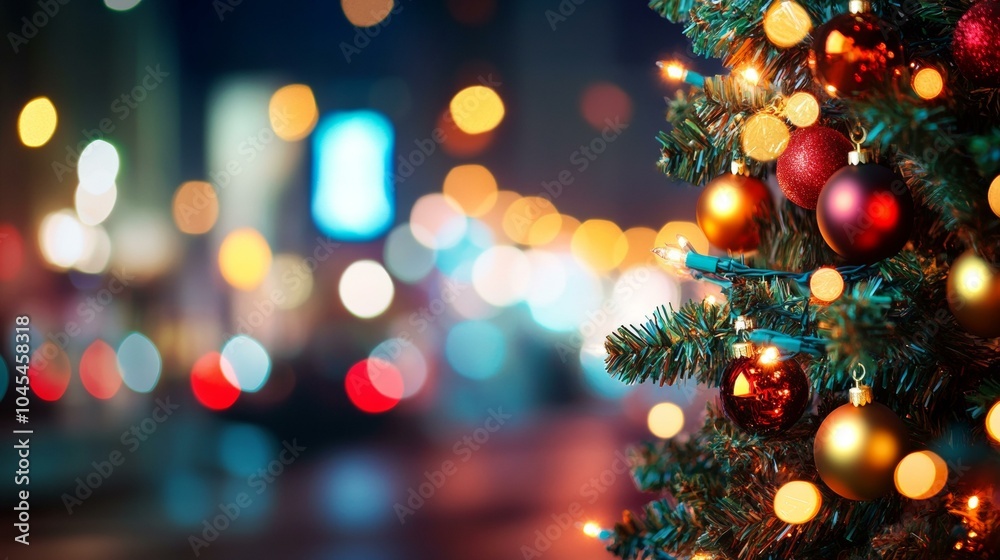 Festive Christmas tree adorned with ornaments and lights Festive Christmas tree adorned with ornaments and lights