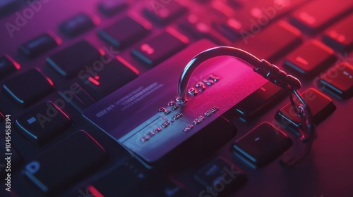 Credit Card And Large Fish Hook On Computer Keyboard Background - Cybercrime/Phishing Concept photo