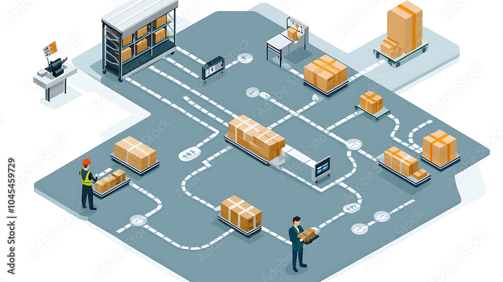 Obraz premium Efficient logistics and distribution are depicted in this visual representation of flow of goods, showcasing various packages, workers, and pathways in warehouse setting