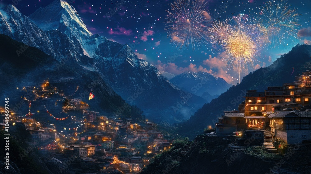 Fototapeta premium Fireworks light up a South Asian mountain village, vibrant colors and room for festive messages