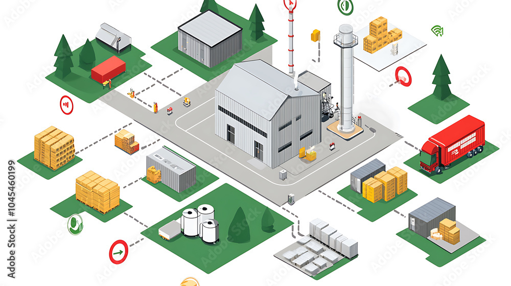 Efficient supply chain network diagram illustrating connections between various facilities, including warehouses, transportation, and communication nodes, showcasing logistics and distribution Efficient supply chain network diagram illustrating connections between various facilities, including warehouses, transportation, and communication nodes, showcasing logistics and distribution