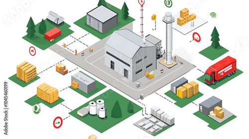 Efficient supply chain network diagram illustrating connections between various facilities, including warehouses, transportation, and communication nodes, showcasing logistics and distribution