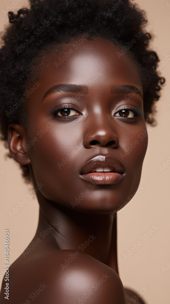 Elegant Black Female Model in High-Fashion Glamour Photography – Natural Beauty with Melanin Glow on Neutral Background Elegant Black Female Model in High-Fashion Glamour Photography – Natural Beauty with Melanin Glow on Neutral Background