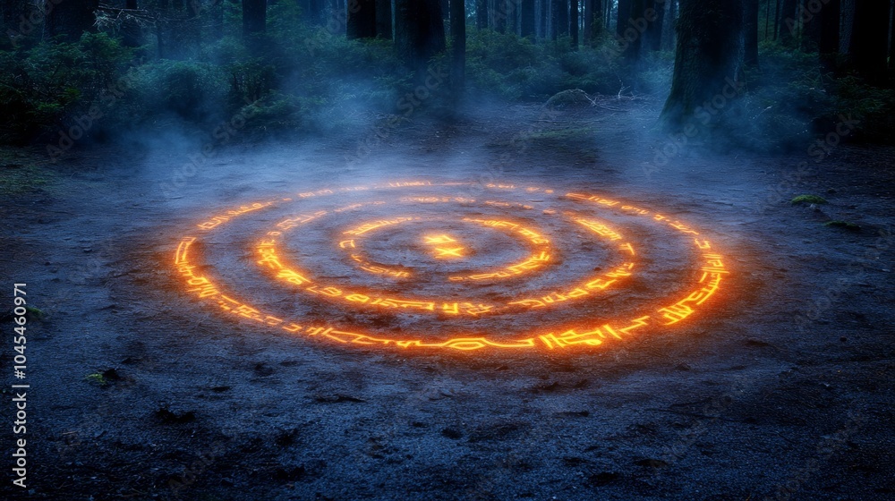 Glowing Magic Circle in Dark Forest with Mystical Symbols Glowing Magic Circle in Dark Forest with Mystical Symbols