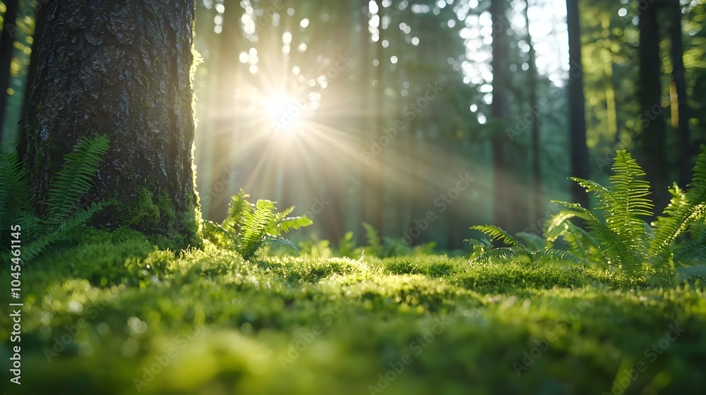 Fototapeta premium Tranquil forest scene with tall trees bathed in warm morning sunlight casting long intricate shadows upon the ground below and illuminating the natural scenery