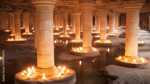 Ancient Stone Pillars and Candles in a Mystical Underground Chamber photo