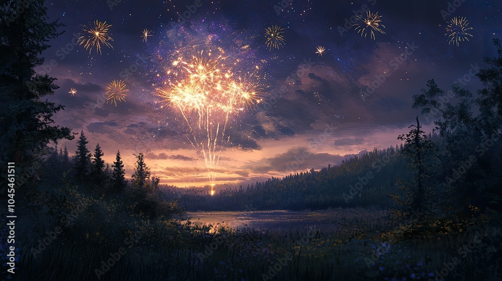 Fireworks light up the sky over a peaceful forest, celebrating the night with space for copy Fireworks light up the sky over a peaceful forest, celebrating the night with space for copy