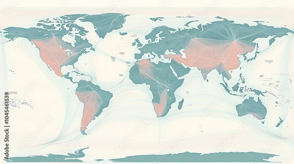 Fototapeta premium global supply chain map highlighting key trade routes across continents, showcasing interconnectedness and trade flow. This visual representation emphasizes importance of global commerce and