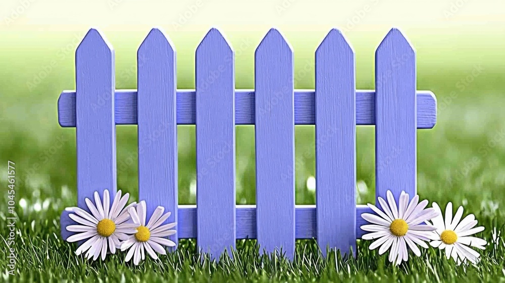 Peaceful Picket Fence with Blooming Daisies in Lush Green Meadow Peaceful Picket Fence with Blooming Daisies in Lush Green Meadow