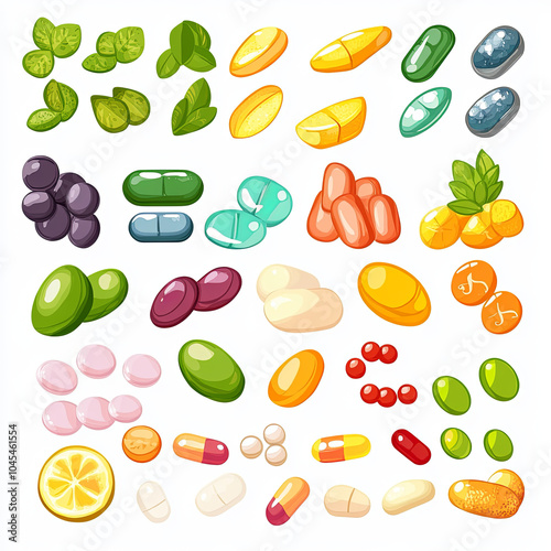 Wallpaper Mural Vibrant collection of vitamins and minerals in various shapes and colors, including capsules, tablets, and gummies, showcasing health and wellness Torontodigital.ca