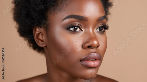 Elegant Black Female Model in High-Fashion Glamour Photography – Natural Beauty with Melanin Glow on Neutral Background