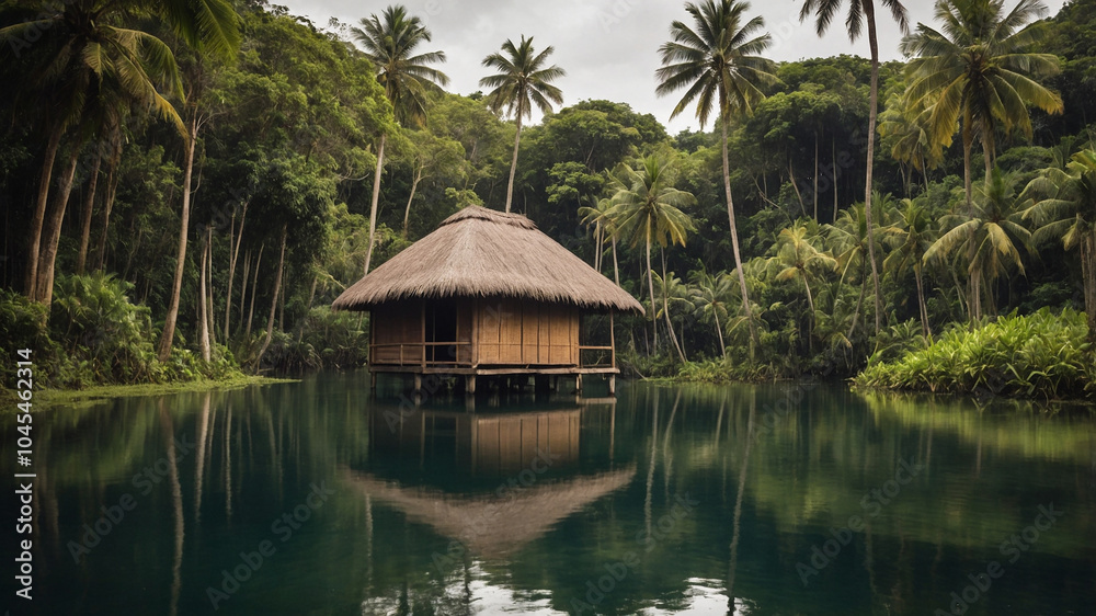 Rustic hut with thatched roof beside a serene water body surrounded by lush green palm trees and foliage. Rustic hut with thatched roof beside a serene water body surrounded by lush green palm trees and foliage.