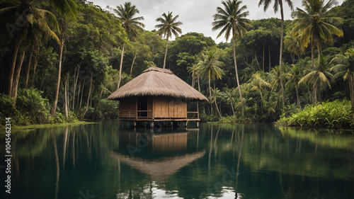 Rustic hut with thatched roof beside a serene water body surrounded by lush green palm trees and foliage.