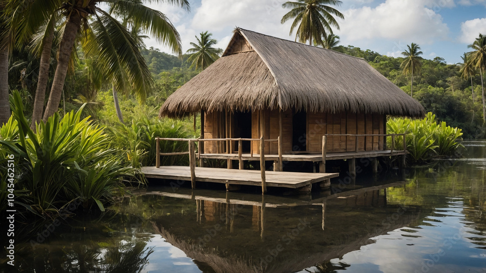 Rustic hut with thatched roof beside a serene water body surrounded by lush green palm trees and foliage. Rustic hut with thatched roof beside a serene water body surrounded by lush green palm trees and foliage.